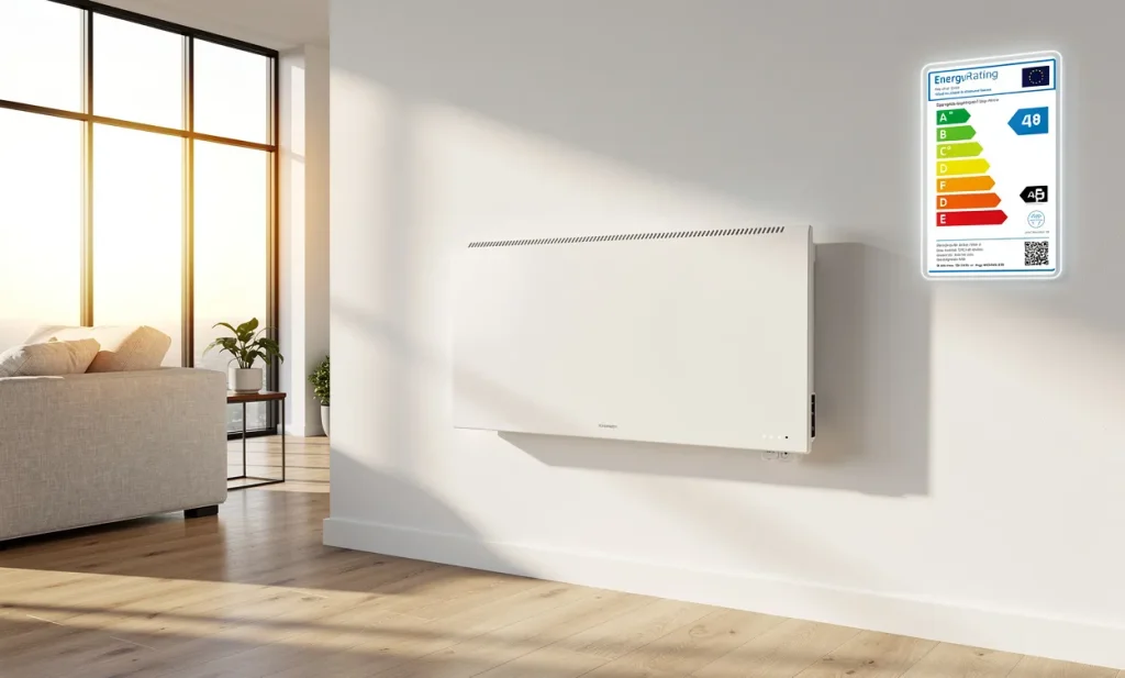Radiateur électrique moderne fixé sur un mur clair du salon avec une étiquette énergétique visible, sous la lumière naturelle des grandes fenêtres.