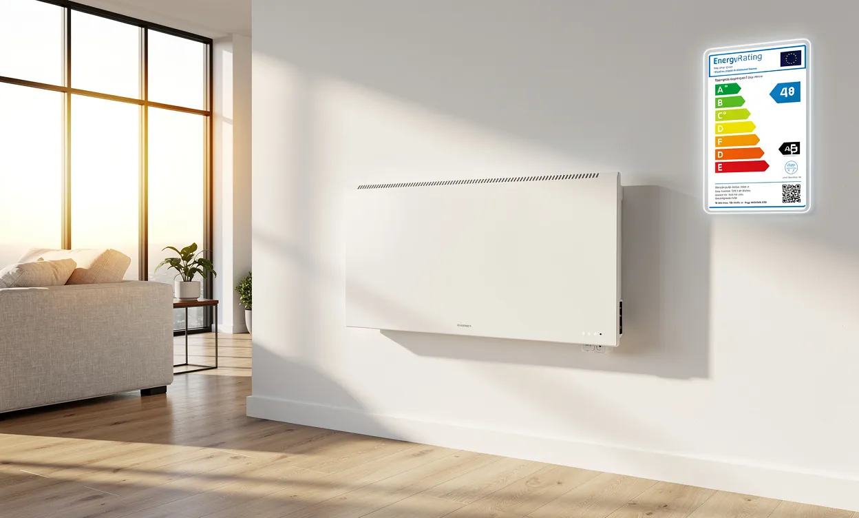 Radiateur électrique moderne fixé sur un mur clair du salon avec une étiquette énergétique visible, sous la lumière naturelle des grandes fenêtres.