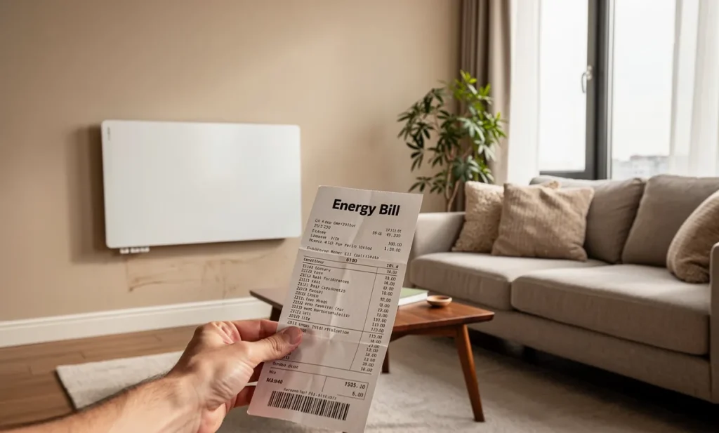 Un salon moderne lumineux avec un radiateur électrique élégant remplaçant un ancien chauffage au gaz, une main tenant une facture d'énergie.