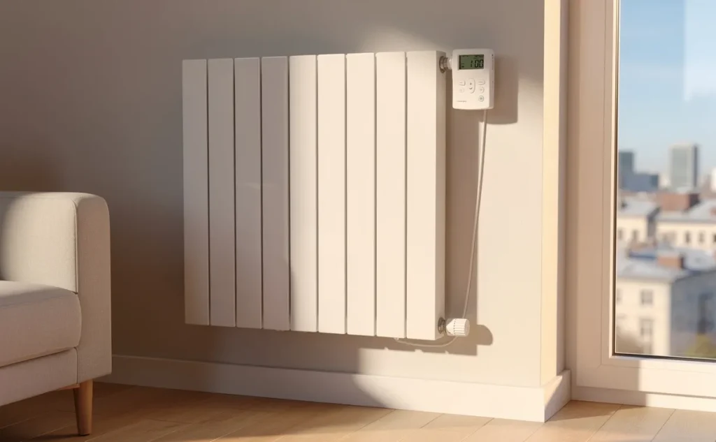 Radiateur moderne doté d’un répartiteur de frais de chauffage numérique dans un salon lumineux avec vue sur la ville.
