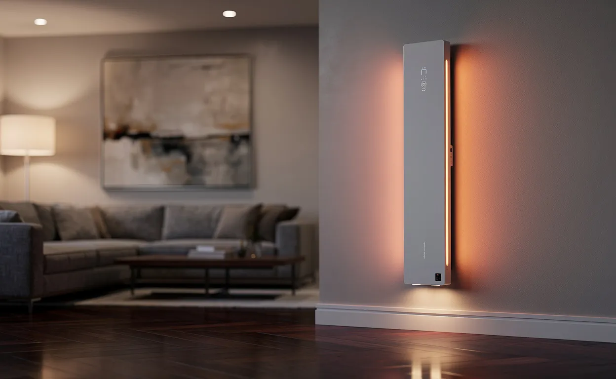 Un radiateur électrique vertical fixé sur un mur de salon moderne diffuse une lumière chaude, reflétée sur un parquet lustré.