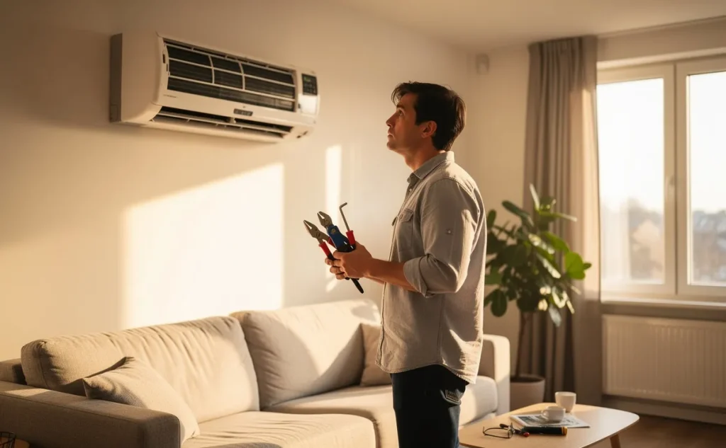 Une personne examine attentivement un climatiseur mural avec des outils dans un salon ensoleillé et bien rangé.
