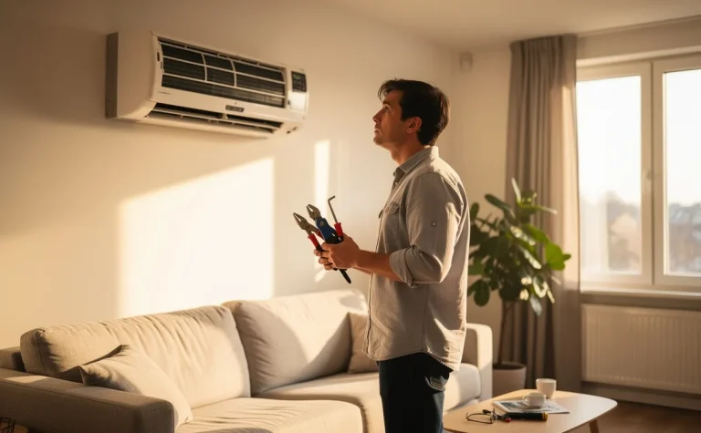 Une personne examine attentivement un climatiseur mural avec des outils dans un salon ensoleillé et bien rangé.