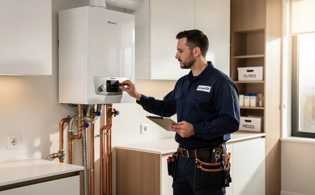 Un technicien du Groupe CDF examine une chaudière moderne dans un intérieur de maison lumineux et élégant.