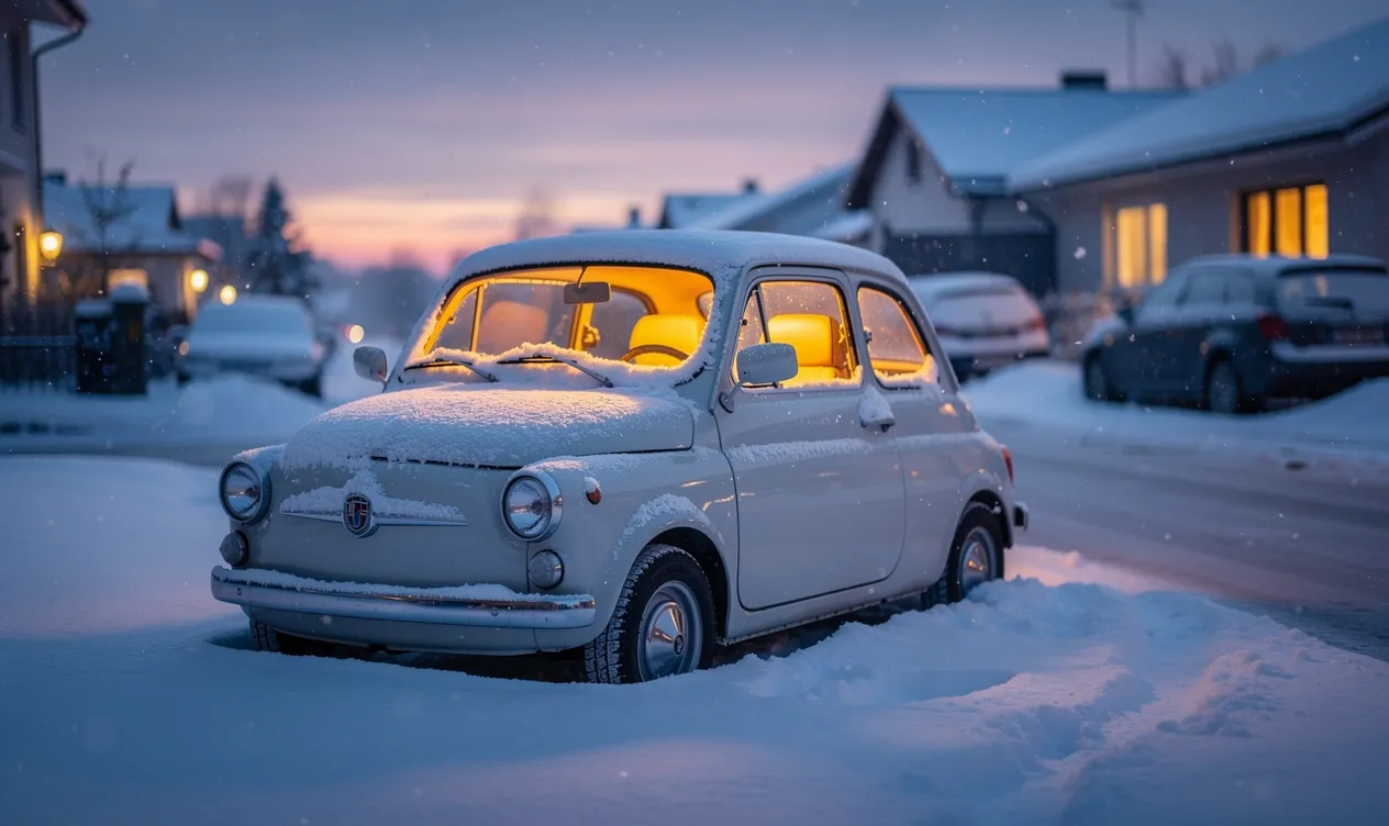 Une microcar Topolino est garée sur une rue enneigée au crépuscule avec de la lumière jaune chaude à l’intérieur et une douce chute de neige.