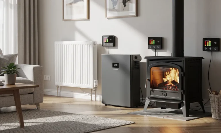 Trois appareils de chauffage modernes, un radiateur, une pompe à chaleur et un poêle à bois, sont alignés dans un salon accueillant avec des jauges de consommation d’énergie.