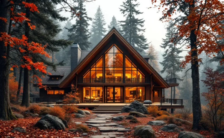 Une grande maison en bois aux larges fenêtres se trouve dans une forêt paisible d'automne, laissant entrevoir un système de chauffage moderne éclairé d'une lumière dorée.