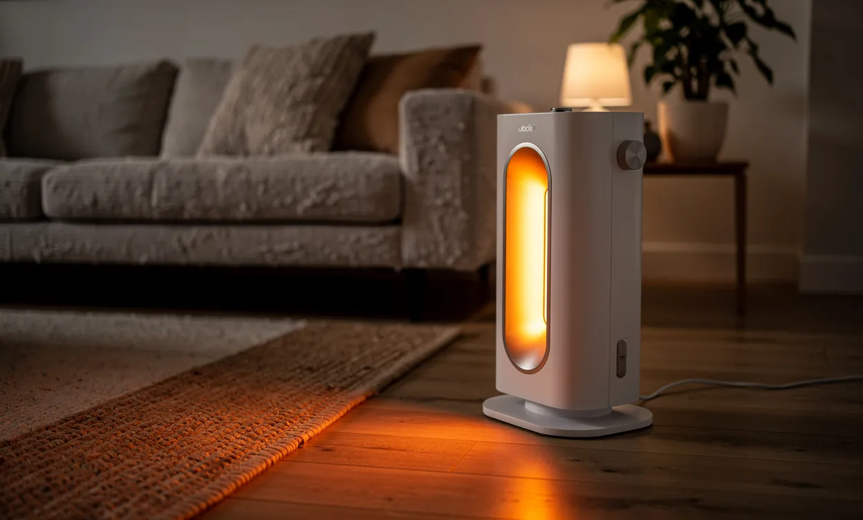 Un radiateur électrique moderne diffuse une lumière douce dans un salon chaleureux aux tons naturels.