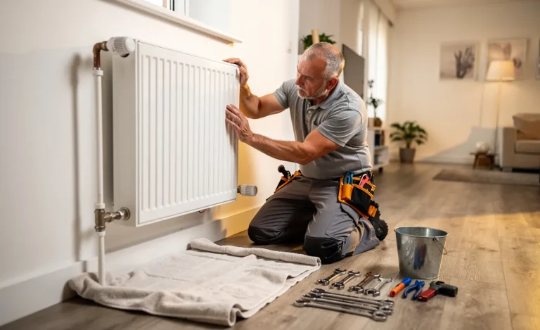 Un homme décroche avec précaution un radiateur mural dans une maison ordonnée, avec des serviettes et des outils disposés sous une lumière chaude.