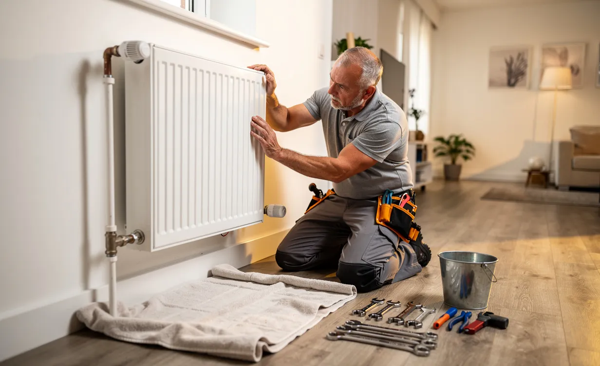 Un homme décroche avec précaution un radiateur mural dans une maison ordonnée, avec des serviettes et des outils disposés sous une lumière chaude.