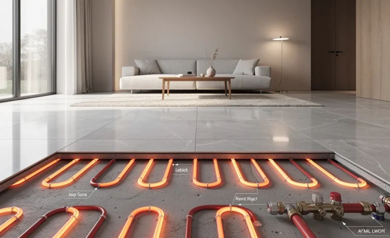 Salon moderne avec sol en carrelage et système de chauffage au sol visible en coupe, éclairé d’une lumière douce.