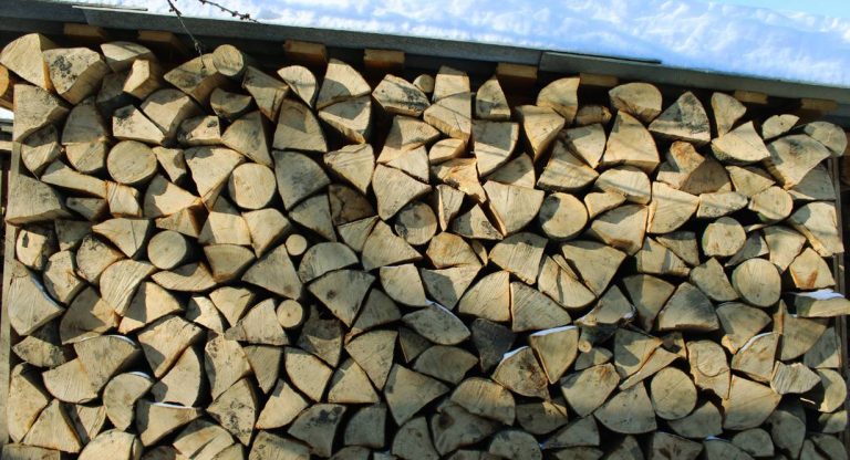 Bois de chauffage empilé et stocké sous un abri enneigé