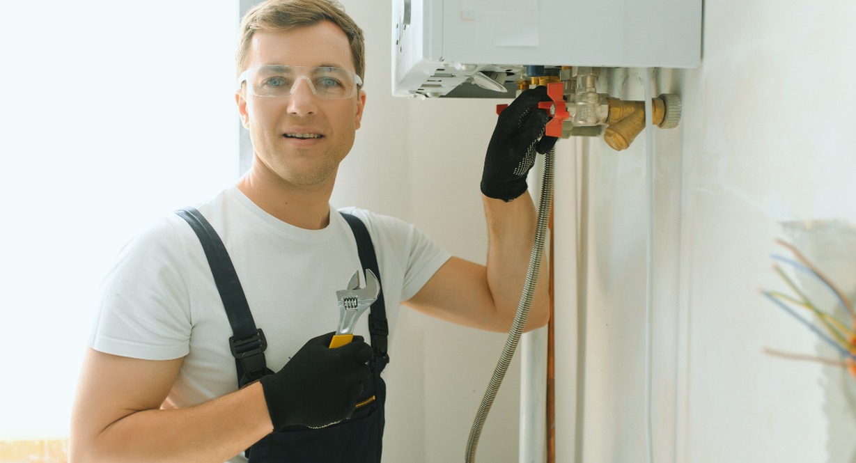 Technicien réglant une vanne de circuit de chauffage avec une clé